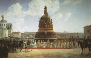 Один из главных экспонатов Музея Изобразительных искусств - картина художника -очевидца Б. Вилливальде, изображающее торжественное открытие Памятника Тысячелетию России в 1862 году.