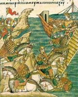 Невская битва и церковь Св. Александра Невского в Усть-Ижоре - Невская битва. Подвиг Гаврилы Олексича  - миниатюра Лицевого Летописного Свода (1560-1570)