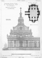Усыпальница Великих князей при Петропавловском соборе - Западный фасад и план склепа (Зодчий, 1898, лист 54)