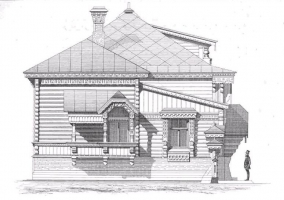 Люшин Д. В.  Деревянный дом г-на Пороховщикова в г. Москве (с чертежами)  А.Л. Гуна // Зодчий, 1872, 2, стр. 16 - Боковой фасад. Зодчий, 1872, 2  лист 9